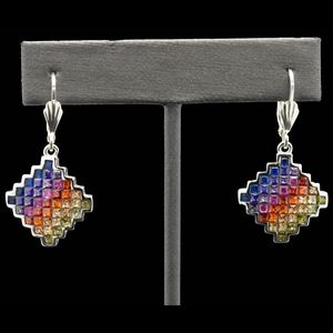 Silver Rainbow Sapphire Rhombus Dangle Earrings
